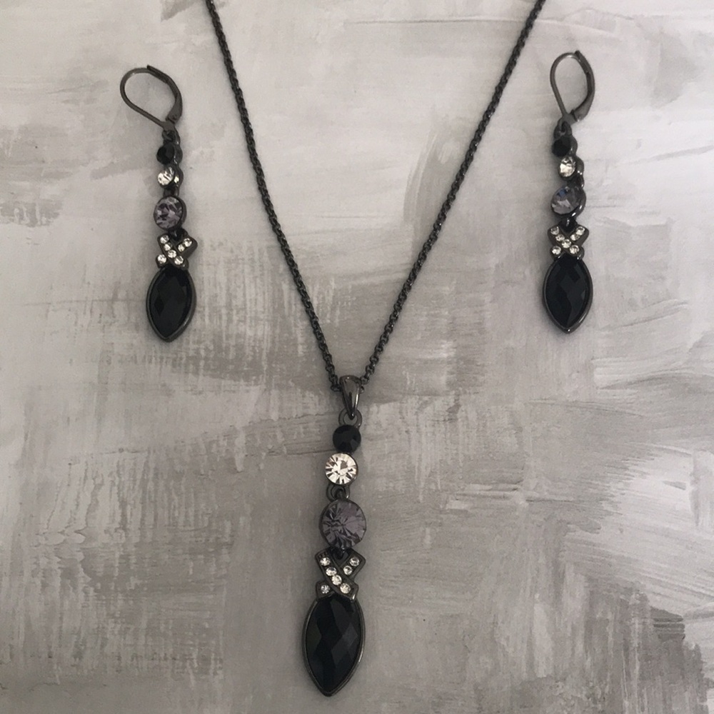 Silver Toned Necklace & Earrings Set; Black, Clear & Clear Grey Rhinestones